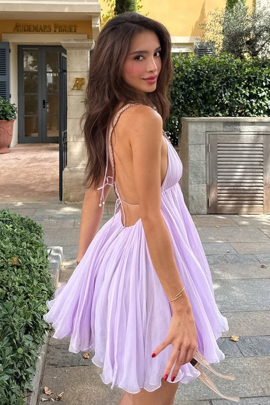 V Neck Sexy Tie A-Line Ruffled Mini Dress