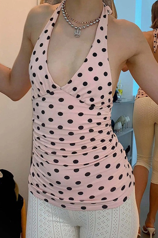 V Neck Halter Polka Dot Blouse