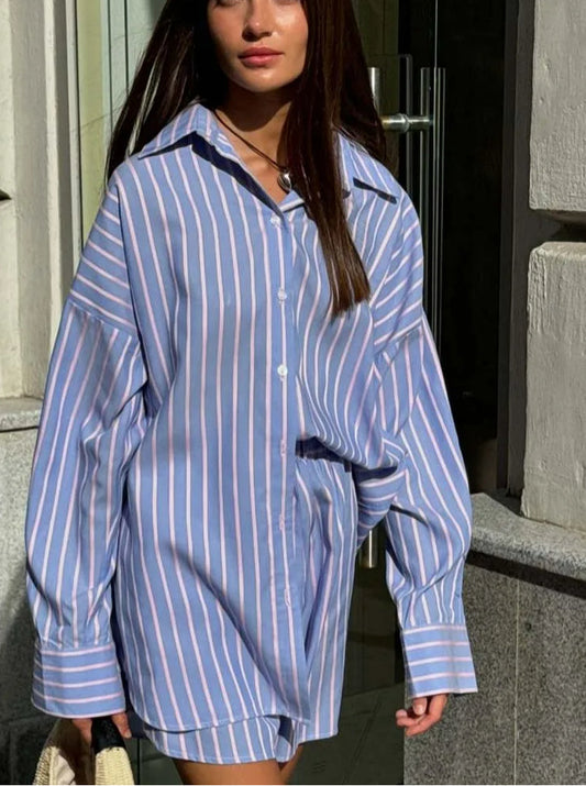 Blue Print Single Breasted Shorts Office Two Piece Set