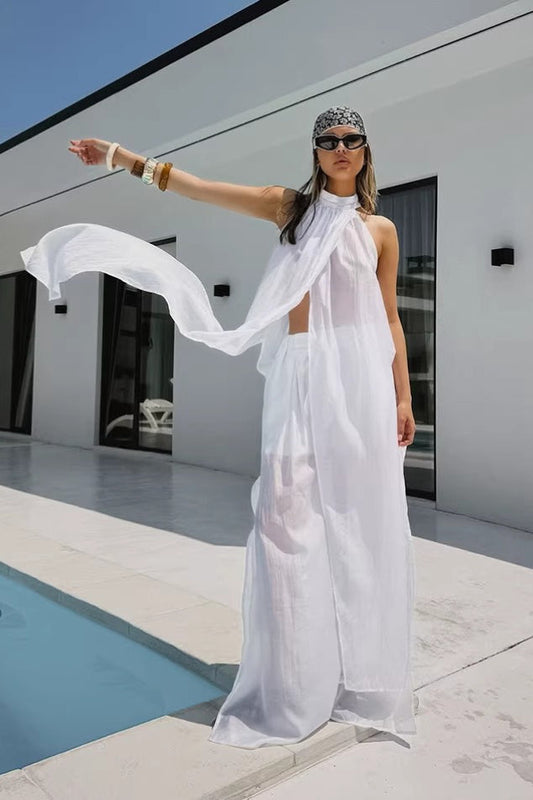 Casual Flowy Tencel Sleeveless Halter Two Piece Set