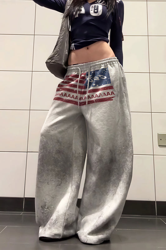 Retro Gray Graphic Drawcord Baggy Sweat Pants