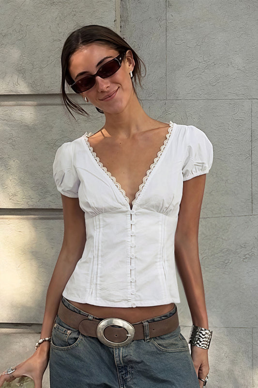 Lace Patchwork V Neck Puff Sleeve Blouse