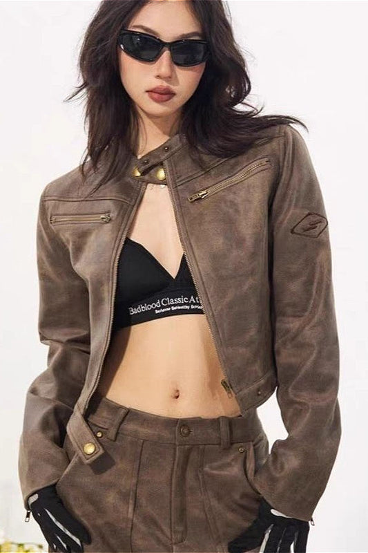 Vintage Stand Collar Suede Jacket