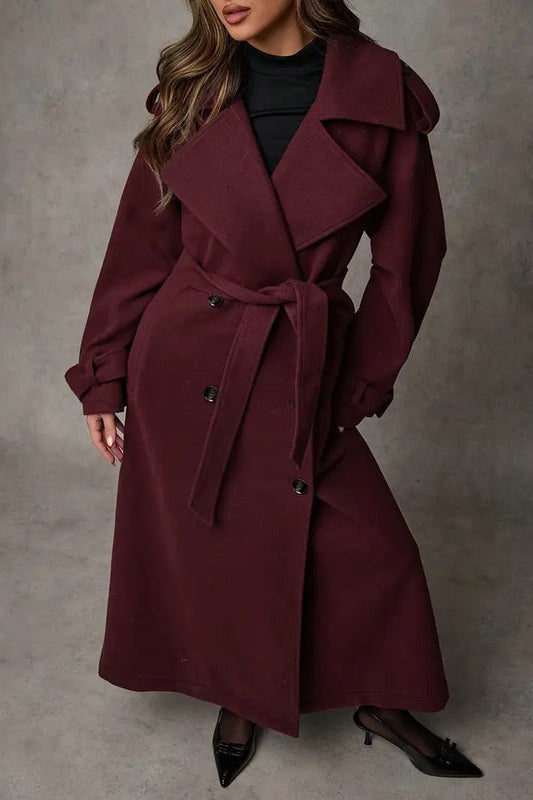 Wool Double Breasted Lapel Tie Long Overcoat
