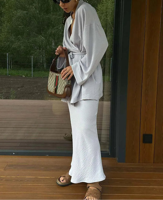 Grey Lace-Up Ankle Skirt Office Two Piece Set