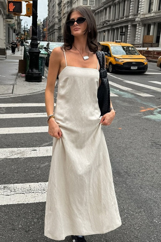 Khaki Linen Cotton Cami Loose Office Maxi Dress