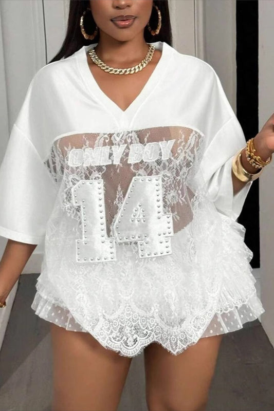 Number Print Loose Street Sheer Lace T-shirt