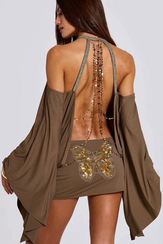 Backless Chain Bodycon Batwing Sleeve Mini Dress