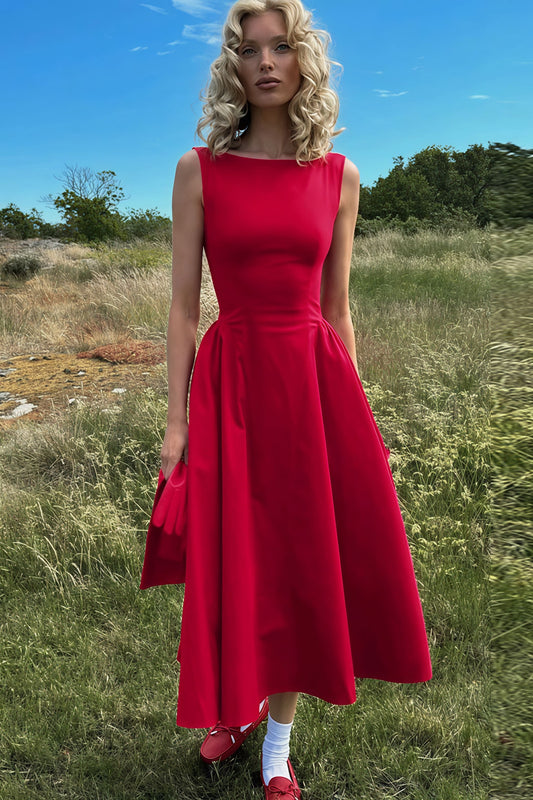 Fashion Solid Sleeveless Waisted Slim Midi Dress