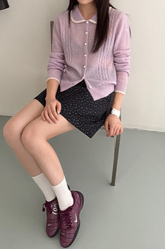 Lace Peter Pan Collar Lightweight Wool Knit Cardigan