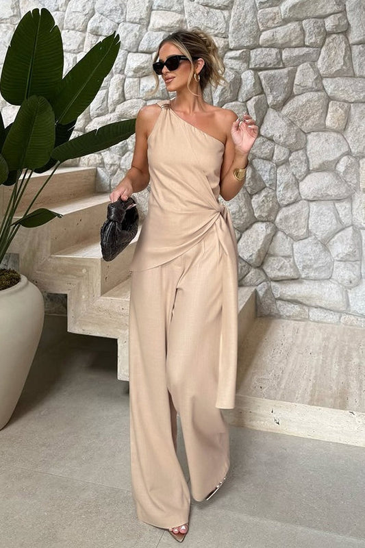 One Shoulder Asymmetric Tie Top High Waist Pants Two Piece Set
