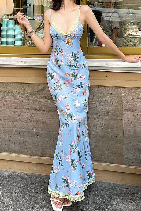 Spaghetti Strap Lace Backless Ruffle Floral Dress