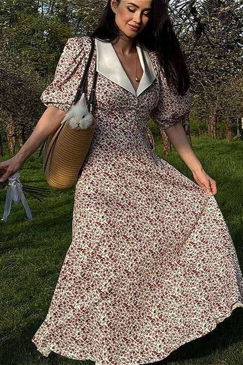 Puff Sleeve Digital Print Peter Pan Collar High Waist Maxi Floral Dress