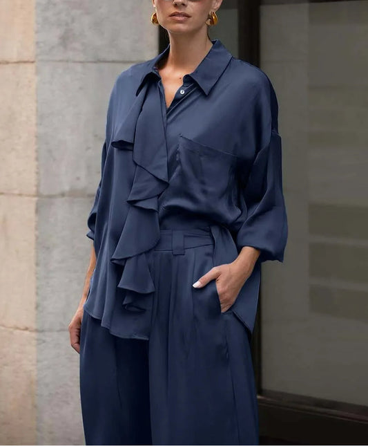 Blue Satin Ruffled Shirt Pants Office Two Piece Set