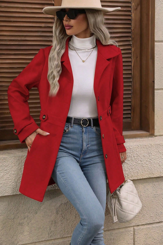 Solid Notch Lapel Buttoned Elegant Wool Blend Jacket