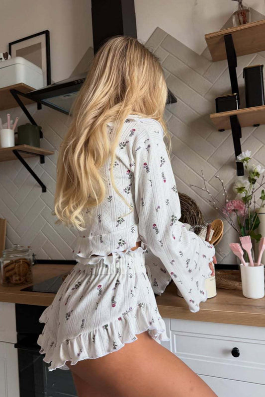 Short Cardigan Hollow Out Long Sleeve Floral Shorts Loungewear Two Piece Set