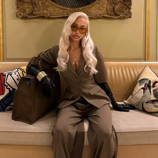 Puff Sleeve Blazer Wide Trousers Office Two Piece Set