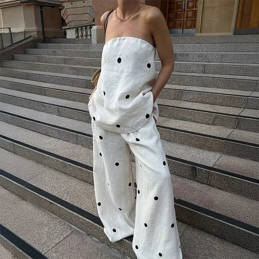 Polka Dot Tube Top Wide Pants Office Two Piece Set