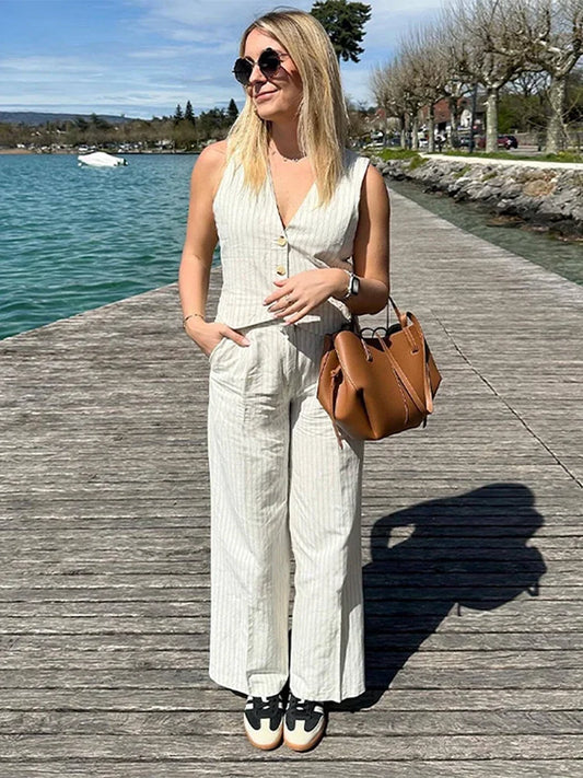 Cotton Linen Striped Wide Leg Office Two Piece Set