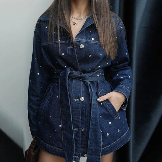 Denim Jacket Belted Trousers Office Two Piece Set