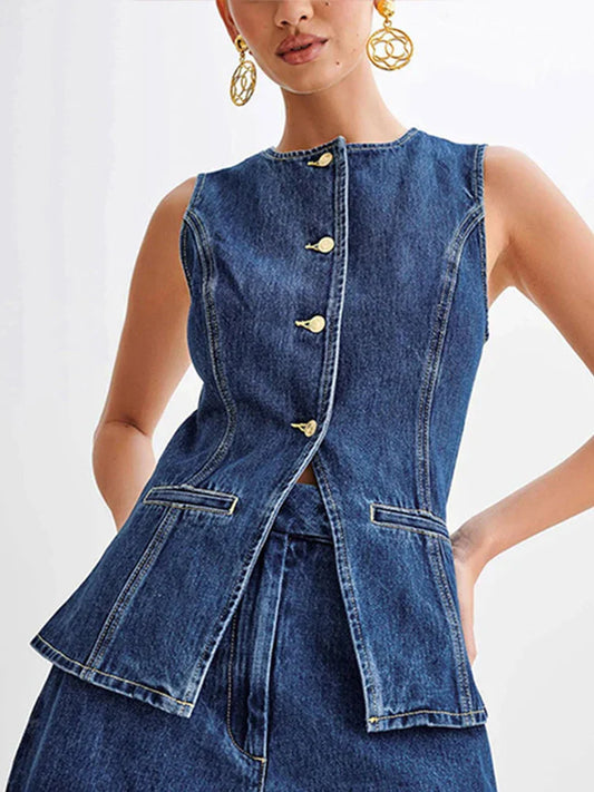 Denim O-neck Sleeveless Shorts Office Two Piece Set