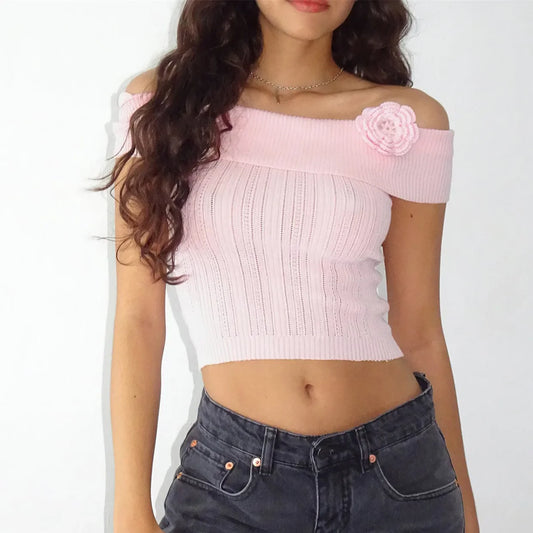 3D Flower Boat Neck Crop Top