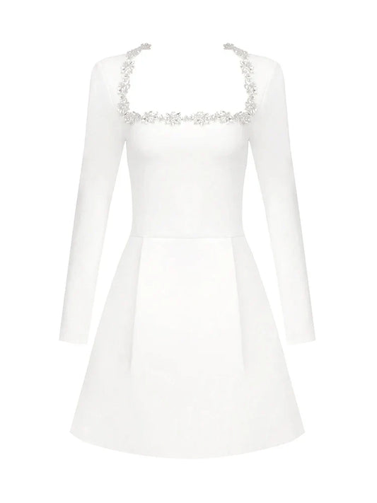 Sexy Long Sleeves Square Collar Crystal A-Line Slim Dress Elegant Christmas Party White / Xs