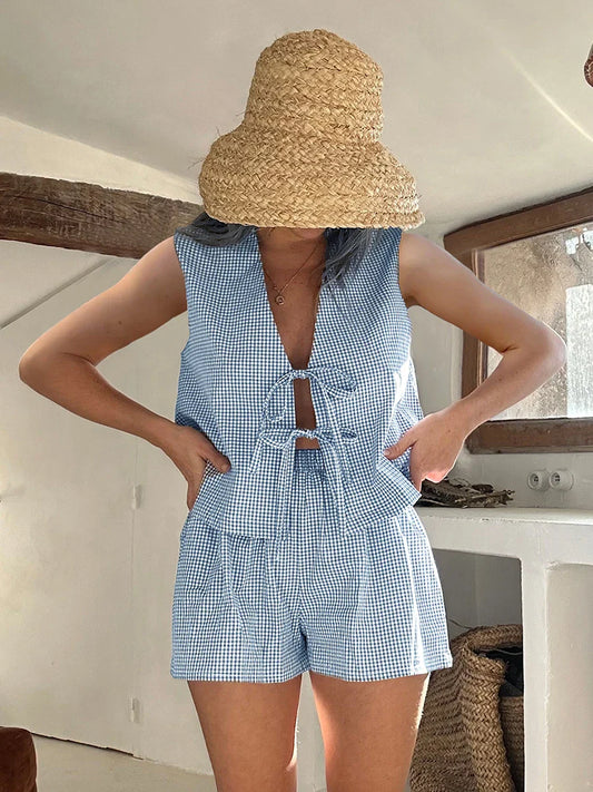 Plaid Tie Front Vest Crop Top