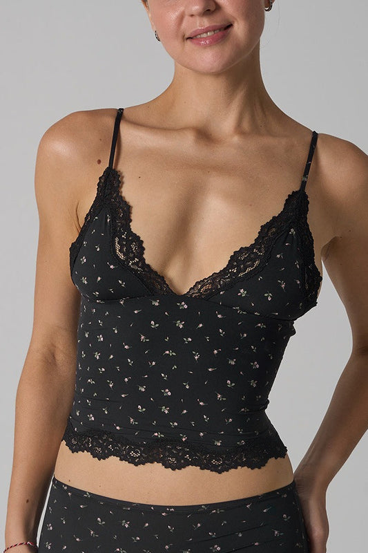 Lace Trim Floral V Neck Sexy Cami Top