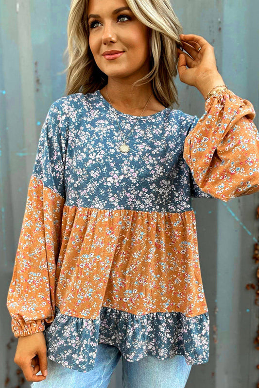 Round Neck Long Sleeve Floral Chiffon Blouse