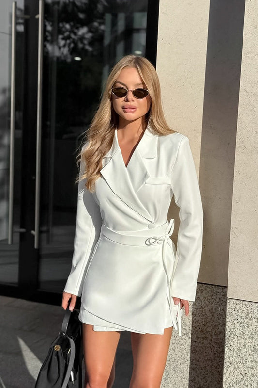 White Tailored Wrap Waist A Line Elegant Mini Dress