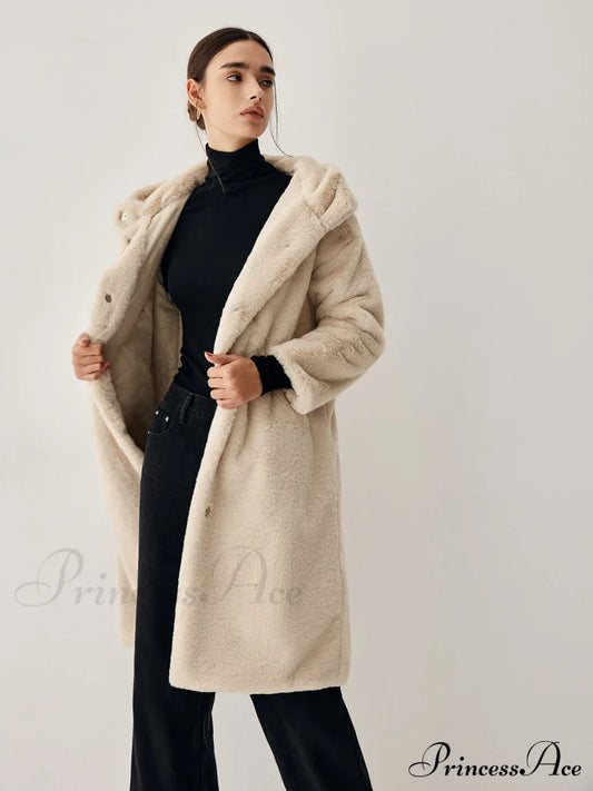Apricot Faux Fur Trendy Hooded Longline Coat / Xs Fleece Jackets