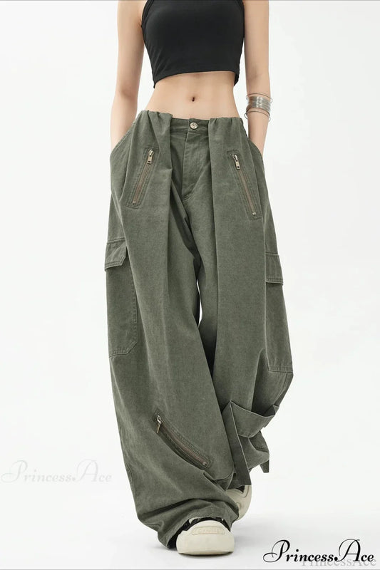 Army Green Parachute High Waist Loose Cargo Pants Army Green / S