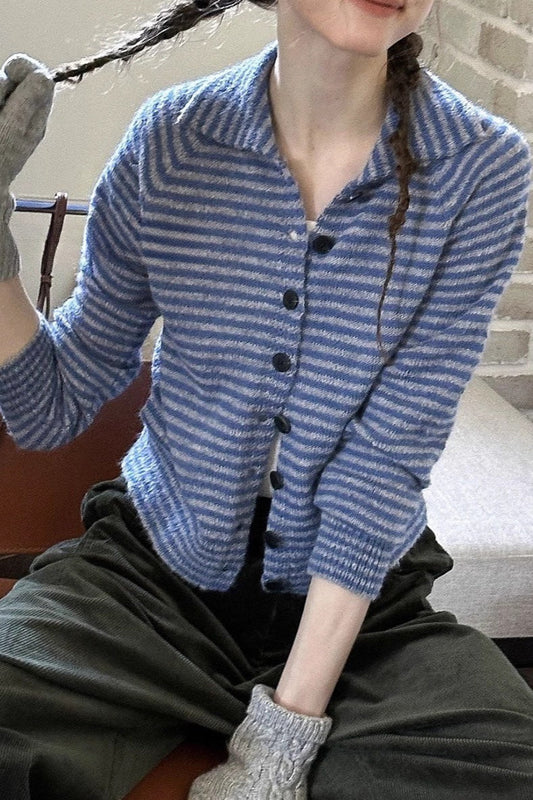 Color Block Striped Fitted Wool Knit Cardigan