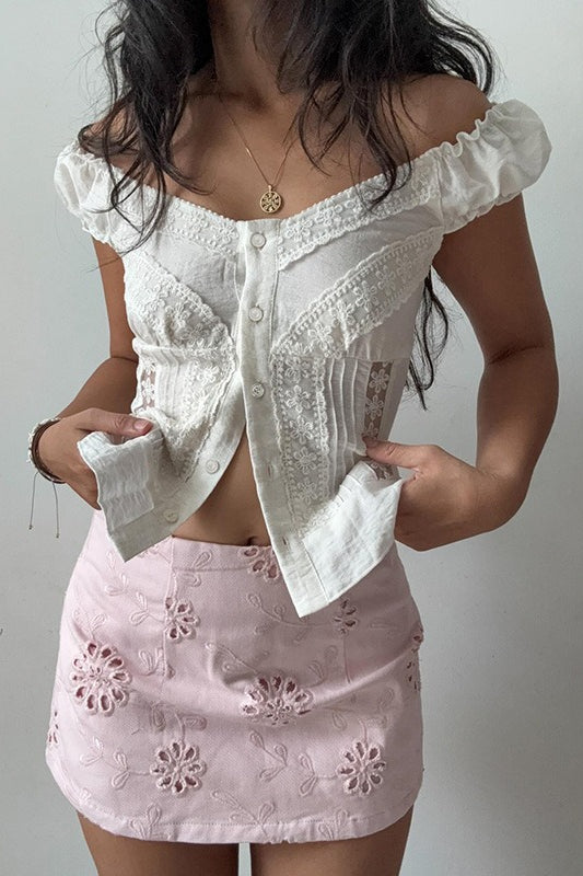 Vintage Lace V Neck Button Puff Sleeve Tank Top