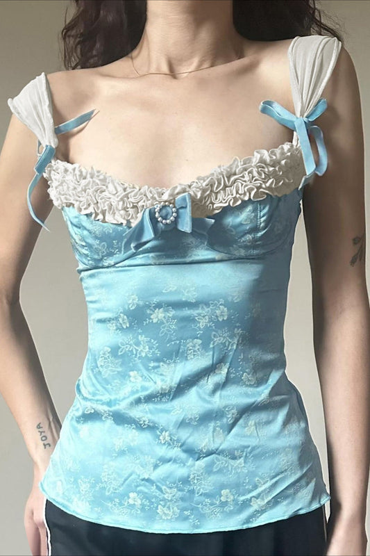 Lace Bow Floral Print Square Neck Fitted Tank Top