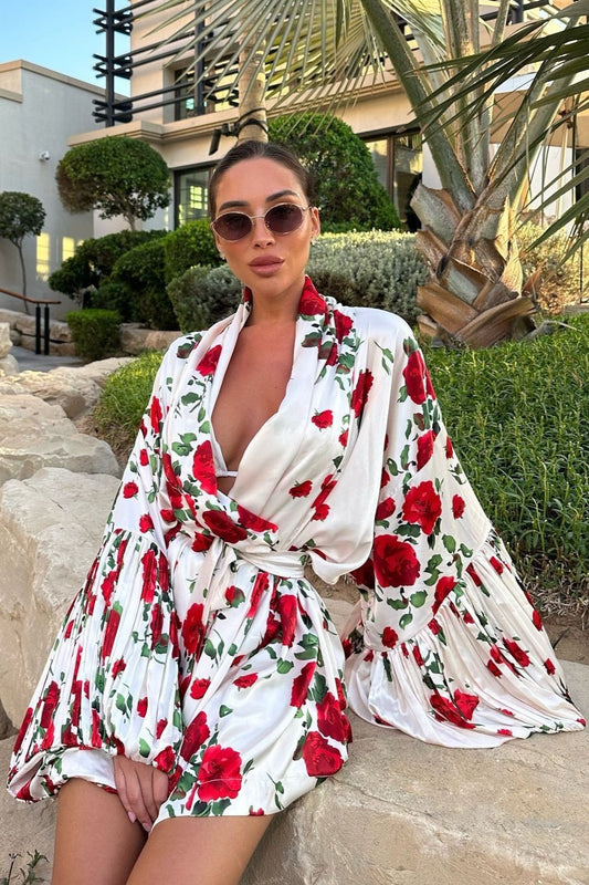 Fresh Floral Print Lantern Sleeve Mini Dress