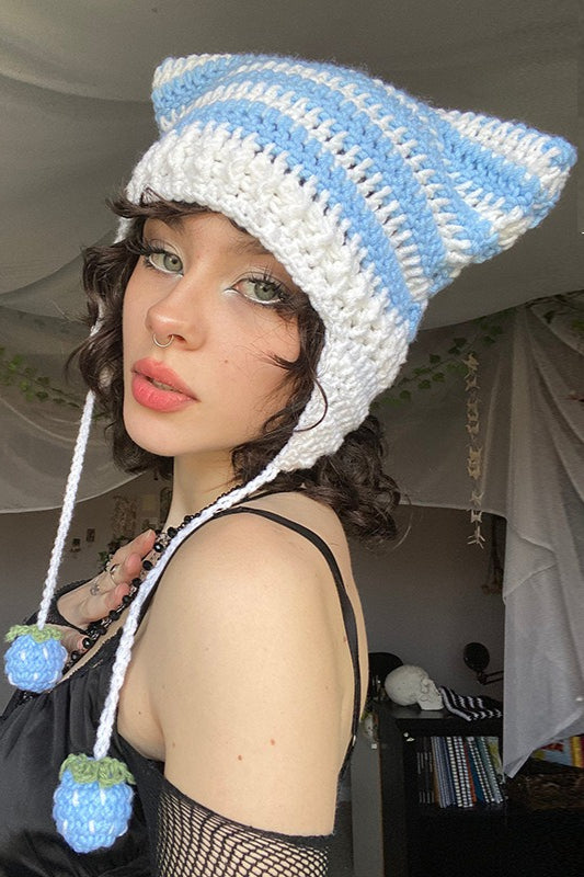 Fox Ears Color Block Striped Pom Pom Knitted Hat