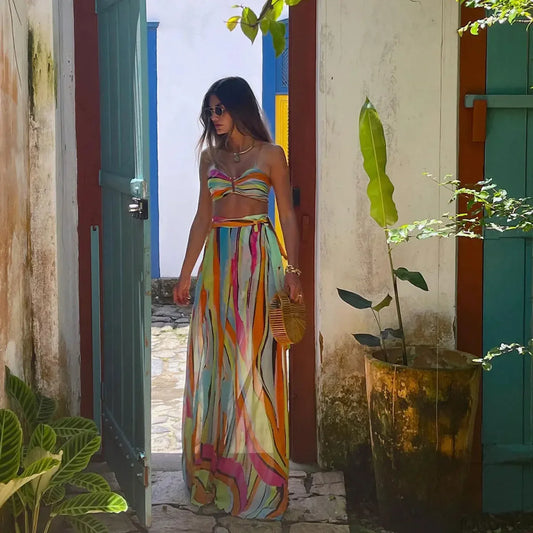 Bandage Bikini Set with Printed Pants Three Piece Swimsuit color / S