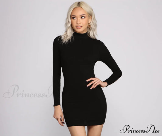 Basic Ribbed Knit Long Sleeve Mini Dress - Lady Occasions
