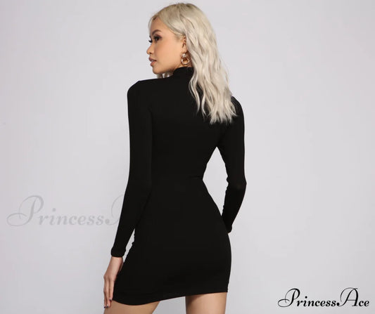 Basic Ribbed Knit Charming Long Sleeve Mini Dress T-Shirts