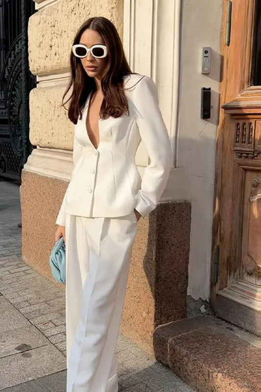 White Deep V-neck Blazer Pants Office Two Piece Set