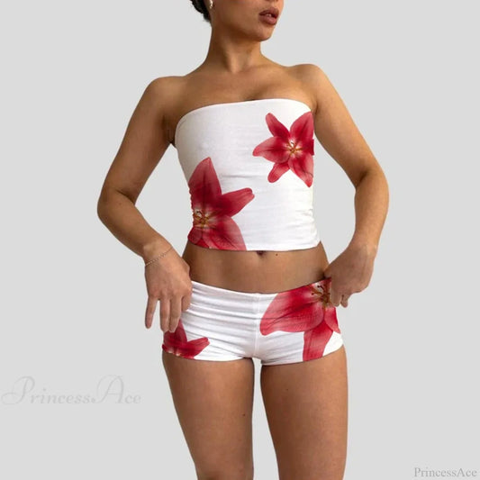 Beach Vacation Lounge Oufits 2 Pice Set Flower Print Strapless Crop Tube Tops Bandeau + Skinny Mini Skirt Wrap Bodycon