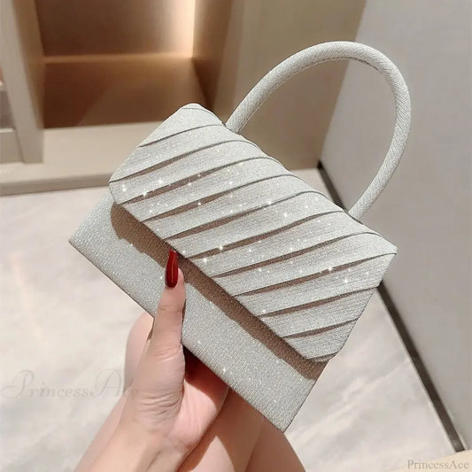 Bright Silk Evening Bag Elegant Banquet Shoulder Clutch silver clutchbag-250126