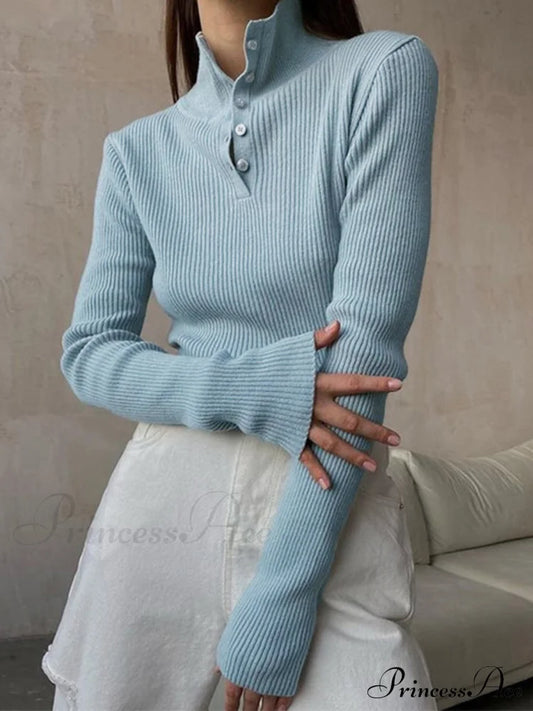 Button Up Collar Trendy Ribbed Knit Top Sweaters-L