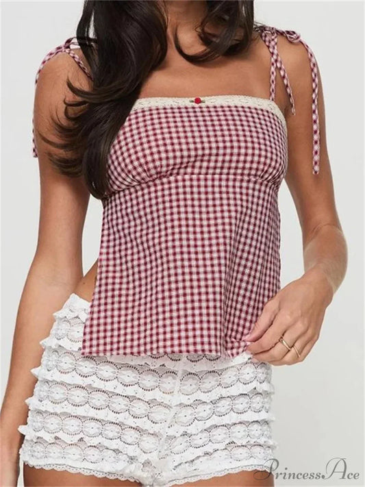 Casual Plaid Lace-up Backless Strap Tank Crop Top RED / S croptop-250126