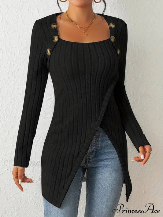 Casual Ribbed Long Sleeve Top Dress With Asymmetrical Hem S / Navy Long Sleeve Sweater Dress
