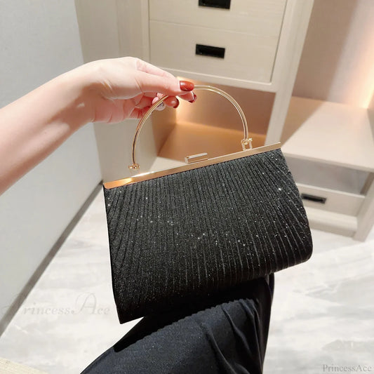 Classic Pleated Sparkling Evening Handbag Black / (20cm handbag-250126