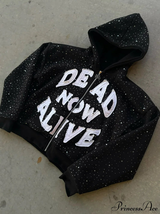 Comfortable Graphic Zip Up Hoodie Black / S
