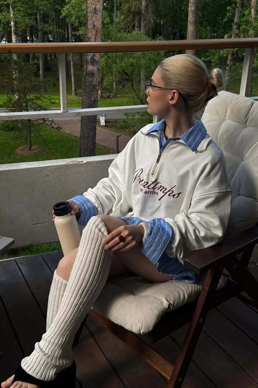 Cotton Letter Print Half-Zip Long Sleeve Sweatshirt